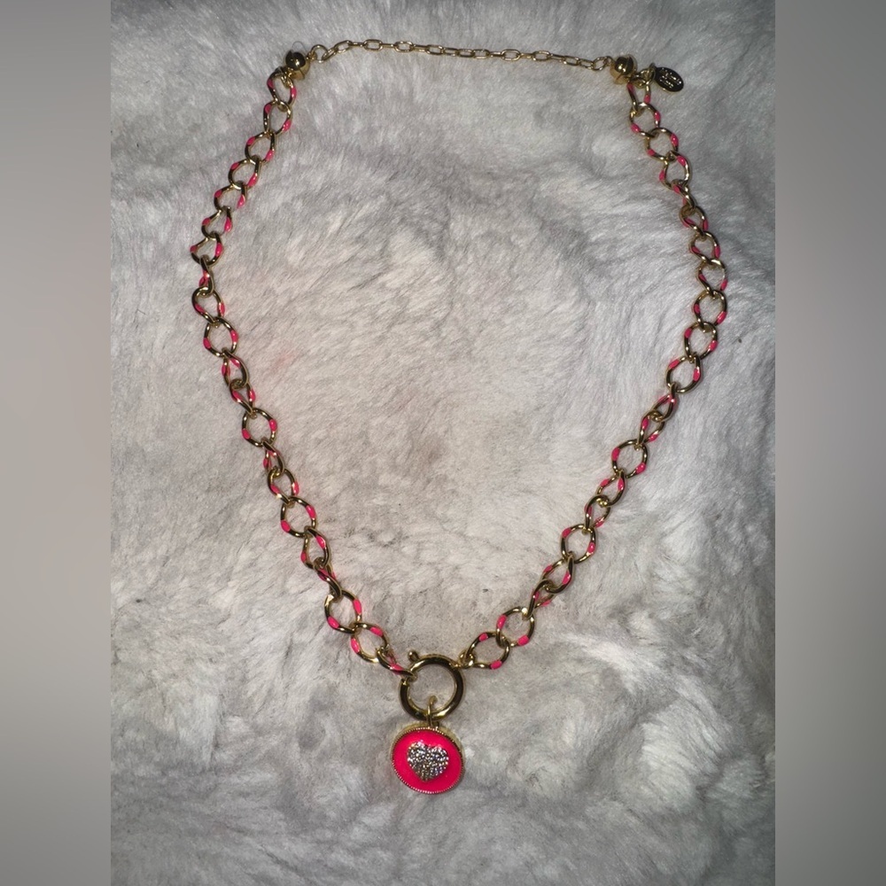 By Alexa Rae BAR Gold and Pink enamel heart Chain Necklace
